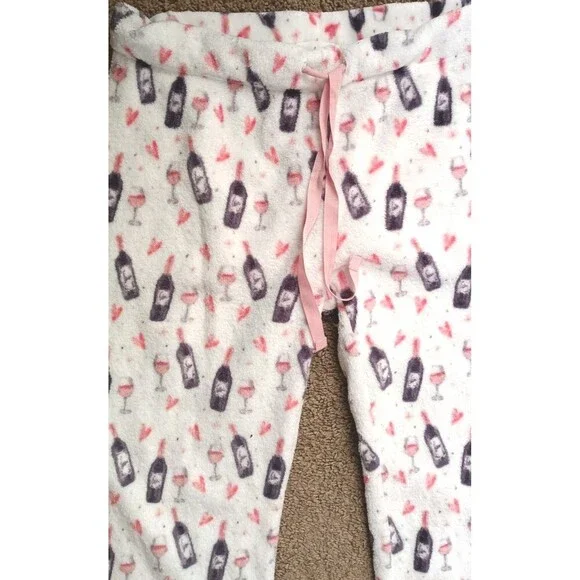 Daydream Pajama Pants Pjs Size Large Wine Glasses Hearts Print Plush Soft - Picture 6 of 7